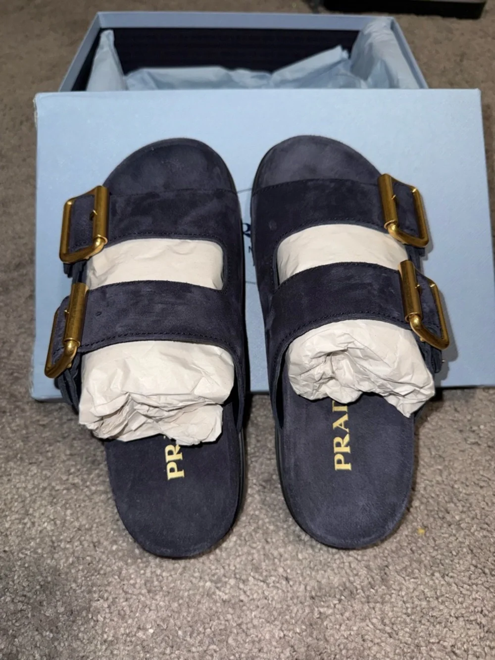Prada Navy Suede Double-Buckle Slide Sandals with Gold Hardware - Picture 3 of 8